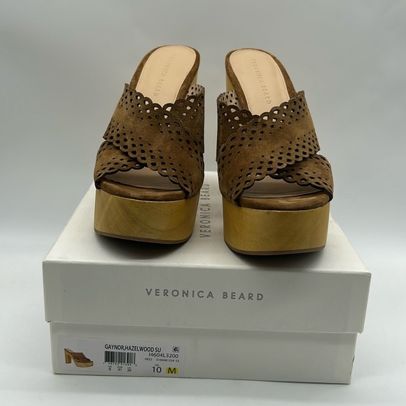Veronica Beard Gaynor Platform Mules 10 Brown Suede Laser Cut Wooden Heel NWB - Picture 9 of 10